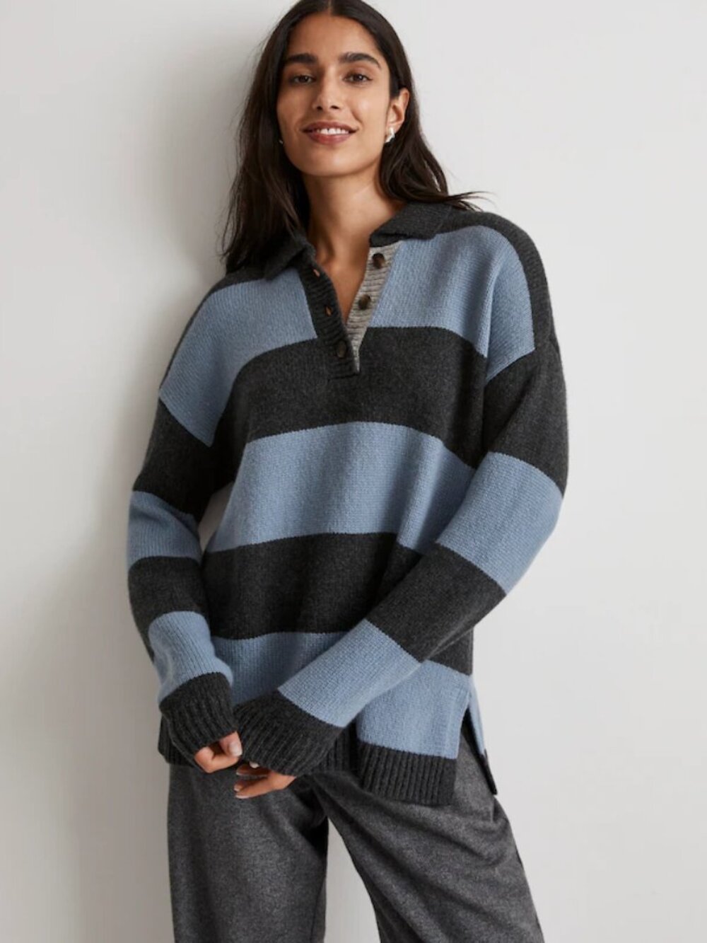 Madewell Rugby Stripe Polo Sweater Charcoal Heather Blue Gray Wool Alpaca Y2K XL